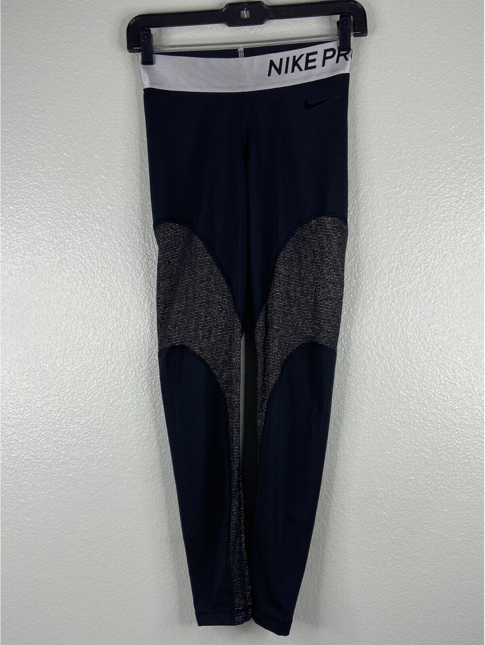 Nike Pro Women Small Dri Fit Compression Leggings Black Silver Stripe Athletic
